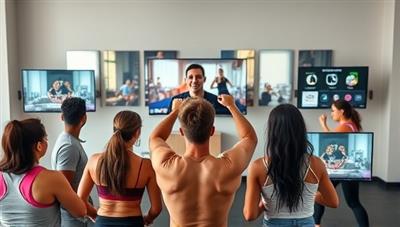 An inspiring visual featuring a virtual fitness coach guiding a diverse group of individuals through an energetic workout session via video call, showcasing motivation, teamwork, and progress tracking tools on digital screens around them.
