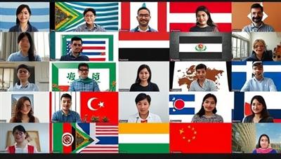 A vibrant virtual language exchange session with participants from different countries conversing in various languages, engaging in cultural activities, and sharing language learning tips, fostering a sense of global connection and mutual learning.