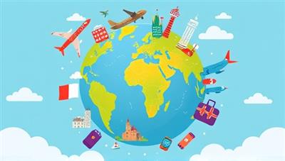 A vibrant and dynamic illustration of a globe with travel icons like airplanes, suitcases, and landmarks, showcasing the global coverage and accessibility of TravelGuardian's instant micro-insurance services.