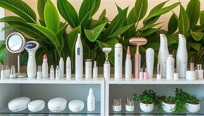 An eco-friendly beauty tool rental display featuring a variety of high-quality beauty devices, neatly organized on shelves with lush green plants in the background, creating a sustainable and modern beauty rental experience.