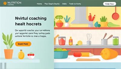A digital illustration of a virtual nutrition coaching platform with a vibrant kitchen setting, featuring fresh ingredients, cooking utensils, and healthy meal options, accompanied by supportive coaches and wellness experts guiding clients through nutrition goals and lifestyle changes, promoting a holistic and personalized approach to virtual health coaching.