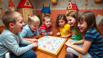 A group of excited children collaborating on a math puzzle in a whimsically decorated escape room, showcasing teamwork and engagement in a fun learning environment.