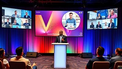 A virtual event setup with a professional emcee hosting a virtual conference, surrounded by screens displaying interactive sessions, networking rooms, and audience engagement features, illustrating the dynamic and engaging virtual event experiences facilitated by VirtualVibe Events.