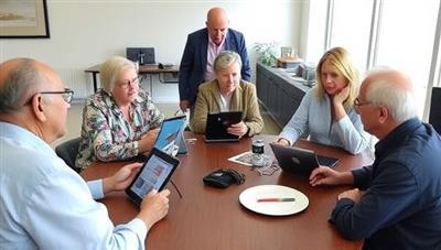 An engaging workshop session with seniors learning how to use tablets and smartphones for real estate searches, guided by friendly technology consultants demonstrating digital tools and resources, fostering a supportive and inclusive tech learning environment at SilverTech Realty Solutions.
