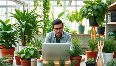 An online plant care session with a horticulture expert providing advice on plant care and maintenance to a client, surrounded by lush greenery, potted plants, and gardening tools. The background showcases a virtual greenhouse with a variety of plants, gardening supplies, and plant care resources, creating an immersive and educational plant care experience.