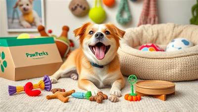 A joyful pet playing with toys and treats from a PawsPerks subscription box, surrounded by colorful pet accessories and a cozy pet bed, capturing the delight and excitement of pets and their owners receiving personalized surprises each month.