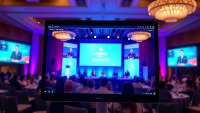 An engaging virtual event setup on a computer screen, displaying a vibrant virtual conference hall with interactive features, engaging attendees, and dynamic presentations, creating a sense of excitement and networking.