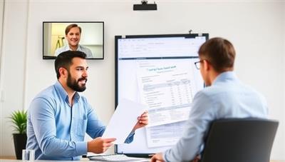 A virtual meeting setup with a tax consultant on a video call with a client, both engaged in discussing tax strategies while digital tax forms and calculators are visible on the screen, representing remote tax planning services.