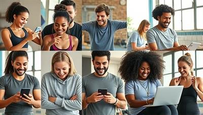 A dynamic collage featuring diverse individuals engaging in virtual training sessions with fitness coaches through smartphones and laptops, showcasing convenience and inclusivity.