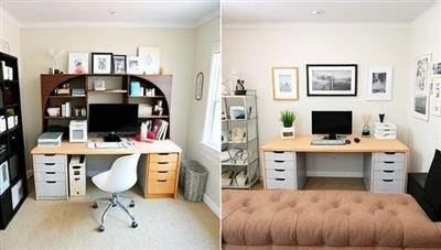 A virtual home office transformation featuring a cluttered desk area transformed into a sleek, organized workspace with labeled storage containers, minimalist decor, and functional layout, illustrating the benefits of virtual home organization consultations.