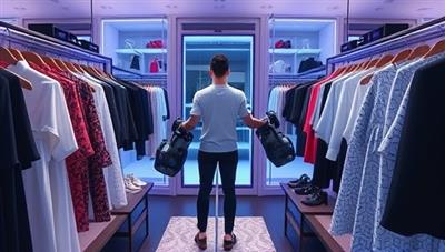 An interactive virtual dressing room setup with a user trying on digital outfits in front of a virtual mirror, surrounded by a selection of virtual clothing items and accessories, showcasing the immersive and personalized fashion styling experience of StyleSphere VR.