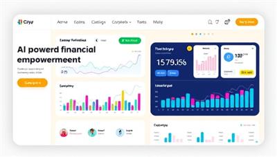An engaging digital interface showcasing a user-friendly financial platform with colorful charts, interactive tools, and AI-powered recommendations, symbolizing modern financial empowerment.