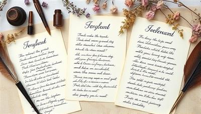 An elegant and artistic display of handwritten poems on decorative paper, surrounded by quill pens, ink bottles, and dried flowers, evoking a sense of poetry and craftsmanship.