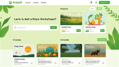 An online marketplace showcasing a variety of eco-friendly courses and workshops on sustainable living, renewable energy, recycling, and wildlife conservation, with vibrant green imagery and nature-inspired design elements, reflecting the platform's commitment to environmental education and awareness.
