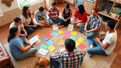 A diverse group of individuals sitting in a circle, engaged in storytelling activities, with colorful storytelling props and prompts scattered around, creating a vibrant and creative atmosphere.
