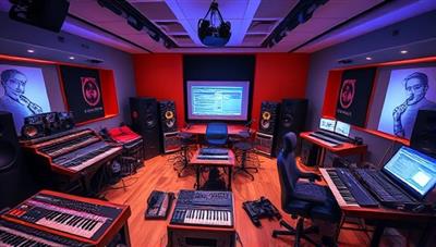 An immersive virtual music production studio setup with participants experimenting with synthesizers, MIDI controllers, and audio interfaces, surrounded by musical instruments and studio equipment, creating a creative and inspiring learning environment for music enthusiasts.