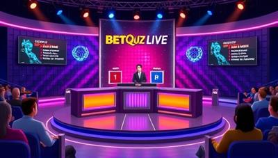 An animated depiction of a virtual game show set with a host, contestants, and a live audience, showcasing the dynamic and engaging atmosphere of BetQuiz Live.
