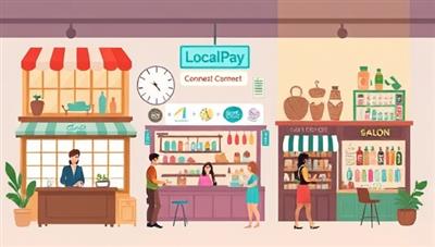 An illustrative graphic showcasing a diverse array of local businesses such as cafes, boutiques, and salons using the LocalPay Connect platform for seamless digital transactions with customers, conveying convenience and modernization in a traditional business setting.