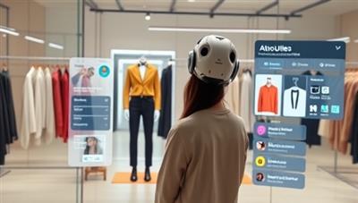 An AI-powered shopping assistant showcasing a user trying on virtual outfits and accessories in a digital dressing room, with style suggestions and personalized recommendations displayed on the screen, creating a seamless and interactive shopping experience through AI technology.