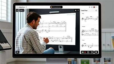 An image of a virtual music lesson taking place on the MelodyMentor Online platform, with a mentor guiding a student through a musical piece on a digital interface, showcasing the personalized and interactive nature of the mentorship experience.