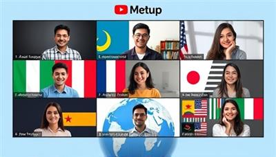 An international virtual meetup scene with diverse individuals engaging in language exchange conversations via video calls, represented by flags of different countries, language learning materials, and a globe symbolizing global connectivity and cultural exchange.