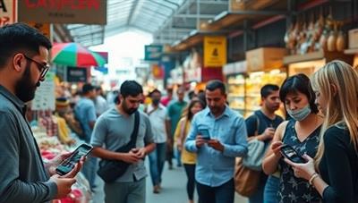 A vibrant marketplace scene showcasing diverse vendors and customers engaging in cashless transactions using smartphones and digital devices, creating a modern and connected shopping experience.