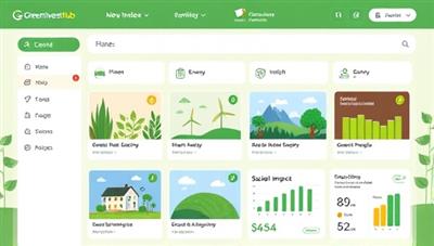 A visually appealing marketplace interface showcasing various sustainable investment opportunities, with eco-friendly icons, green energy projects, and social impact metrics displayed to attract socially conscious investors to GreenInvest Hub.