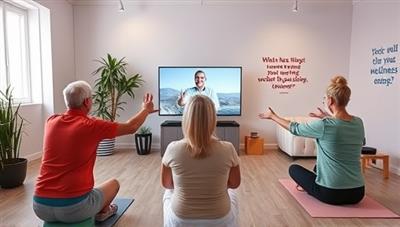 A virtual fitness studio setup with a group of seniors participating in an online workout session, following the guidance of a friendly fitness coach, surrounded by digital wellness tips and motivational quotes, promoting active aging and community connection.