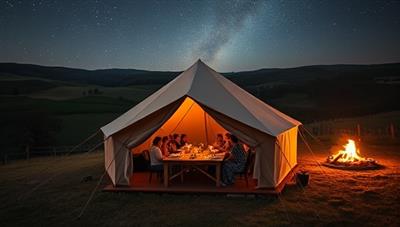A luxurious glamping tent nestled amidst rolling hills and lush farmland, with guests enjoying a farm-to-table dinner by candlelight, a bonfire glowing in the background, and a starry night sky overhead, epitomizing the essence of agri-tourism luxury in a natural paradise.