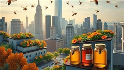 An artistic representation of a city skyline with vibrant rooftop gardens buzzing with bees, intertwined with honeycomb patterns and jars of golden honey, symbolizing urban sustainability and community involvement.