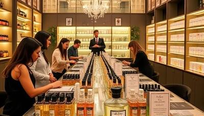 An elegant and inviting fragrance blending workshop setup featuring rows of essential oil bottles, mixing stations, aroma testers, and personalized fragrance bottles, with participants engaged in the creative process of blending scents and crafting their custom perfumes in a chic and aromatic ambiance.