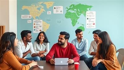 A dynamic language exchange session in progress with individuals from different cultural backgrounds engaging in conversation practice, language games, and virtual immersion experiences, fostering a sense of global connection and linguistic diversity.