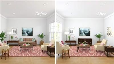 A digital mockup of a living room transformation, with side-by-side images showing the current layout and the proposed design changes, highlighting the impact of virtual interior design consultations in creating visually appealing spaces.
