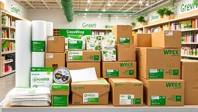 An image of a variety of eco-friendly packaging materials such as biodegradable bubble wrap, compostable mailers, and recycled cardboard boxes displayed in a modern and vibrant store setting, showcasing the environmentally friendly aspect of GreenWrap Solutions.
