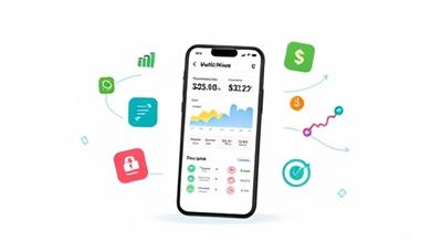 An illustration of a smartphone displaying the WealthWise AI app interface, with colorful graphs and financial data, surrounded by icons representing budgeting, savings goals, and investment options, conveying simplicity and efficiency in personal finance management.