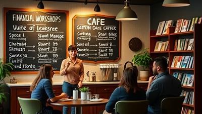 An inviting and cozy cafe setting with a chalkboard menu featuring financial workshop schedules, a barista serving coffee to a group of attendees engaged in a budgeting session, and a shelf of financial literacy books, fostering a relaxing and educational atmosphere.
