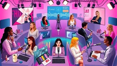 An imaginative depiction of a vibrant beauty podcast network, showcasing a variety of podcast hosts recording episodes in different settings, surrounded by beauty products, microphones, and colorful sound waves, capturing the dynamic and diverse beauty podcasting landscape in a visually engaging manner.