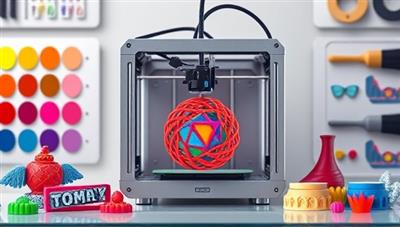 An artistic rendering of a 3D printer in action, creating a vibrant and intricate customized accessory, surrounded by a palette of colors and design options, highlighting the personalization aspect of the business.