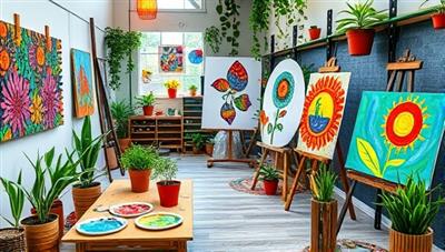 An art studio filled with vibrant artwork created by teens using recycled materials, with colorful paint palettes, eco-friendly brushes, and artistic masterpieces displayed against a backdrop of green plants and sustainable art installations.