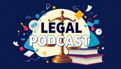 An imaginative podcast cover art featuring legal-themed elements such as a gavel, scales of justice, and law books, combined with modern and dynamic design elements to convey professionalism and innovation in legal podcasting.