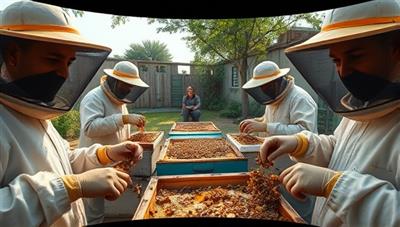 An immersive virtual beekeeping workshop scene with beekeepers in protective gear tending to hives, harvesting honey, and discussing sustainable beekeeping practices, capturing the essence of BuzzHarvest Workshops' commitment to urban beekeeping education.