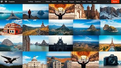 An online photography course platform showcasing a vibrant and diverse collection of travel photographs, camera equipment, and editing software interfaces, illustrating the journey from novice to skilled travel photographer through interactive online courses.