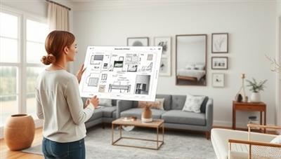 An artistic virtual interior design consultation scene featuring a designer presenting a digital mood board and room layout plan to a homeowner, with interactive design tools, furniture samples, and decor inspirations, creating a stylish and visually appealing home design environment.