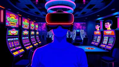 An illustration of a person wearing a VR headset inside a virtual casino, surrounded by digital slot machines, a roulette table, and other players represented as avatars, capturing the futuristic and interactive nature of the VR gambling experience.