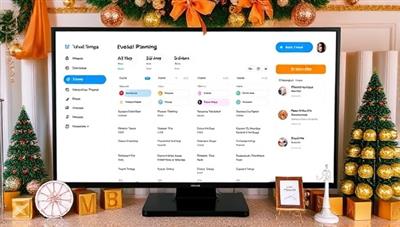 A virtual event planning dashboard displaying event timelines, guest lists, and interactive features, surrounded by festive decorations and digital event props, showcasing the versatility and creativity of virtual event planning services.