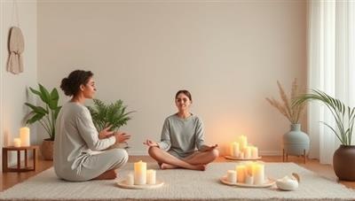 A serene and calming virtual therapy session where a counselor conducts a mindfulness exercise with a client, surrounded by soothing images, candles, and relaxation aids, creating a peaceful and supportive atmosphere.