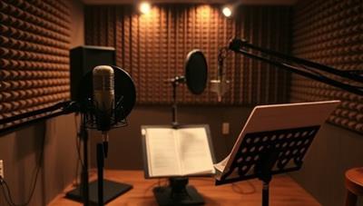 An atmospheric recording studio setup with a microphone, soundproof walls, and a script stand, capturing the essence of the creative process behind crafting storytelling podcast ads for AudioTales Ads.