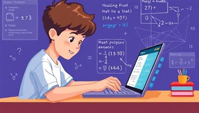 An illustration of a student using a laptop with the BrainBoost AI platform, receiving instant feedback and study resources on a complex math problem, with AI algorithms visibly analyzing the student's input, showcasing the platform's efficiency and educational support capabilities.