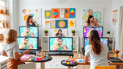 An expressive virtual art therapy session scene with individuals engaging in various art activities on their screens, surrounded by colorful artworks and art supplies, reflecting creativity and emotional healing in a virtual setting.