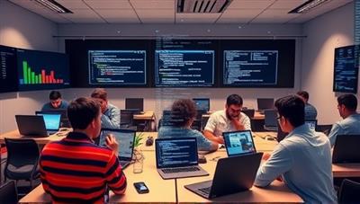 A virtual coding classroom with diverse students engaged in coding projects on their laptops, with digital code snippets floating around, symbolizing learning and collaboration in a dynamic online coding bootcamp environment.